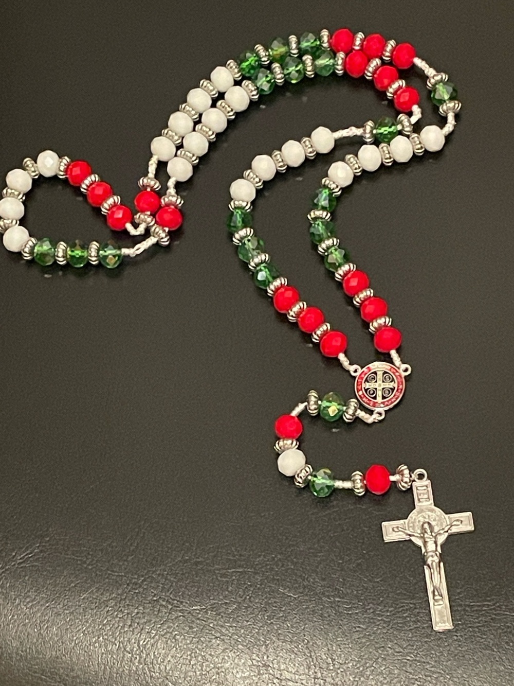 Red, Green & White Crystal Beaf Rosary Necklace